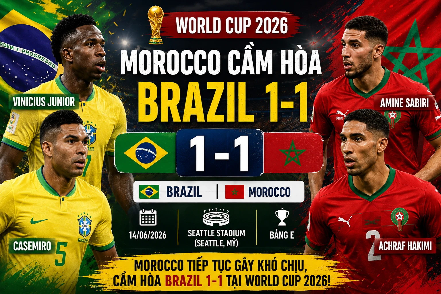 [INFOGRAPHIC] Morocco cầm hòa Brazil 1-1 tại World Cup 2026