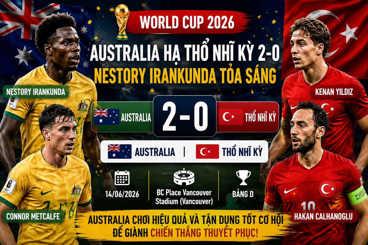 [INFOGRAPHIC] Australia đánh bại Thổ Nhĩ Kỳ 2-0 nhờ Irankunda và Metcalfe