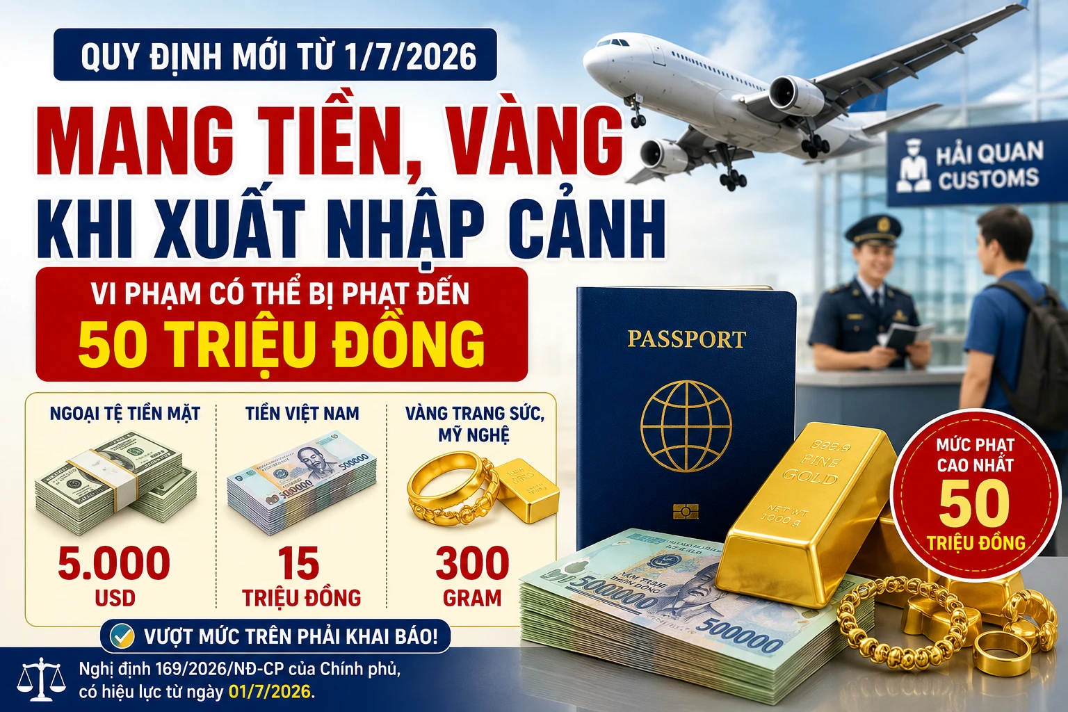 [INFOGRAPHIC] Những chú ý khi mang tiền, vàng khi xuất nhập cảnh