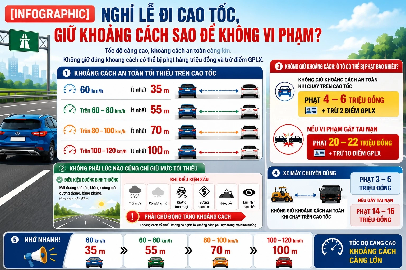 [INFOGRAPHIC] Nghỉ lễ đi cao tốc giữ khoảng cách sao để không vi phạm?