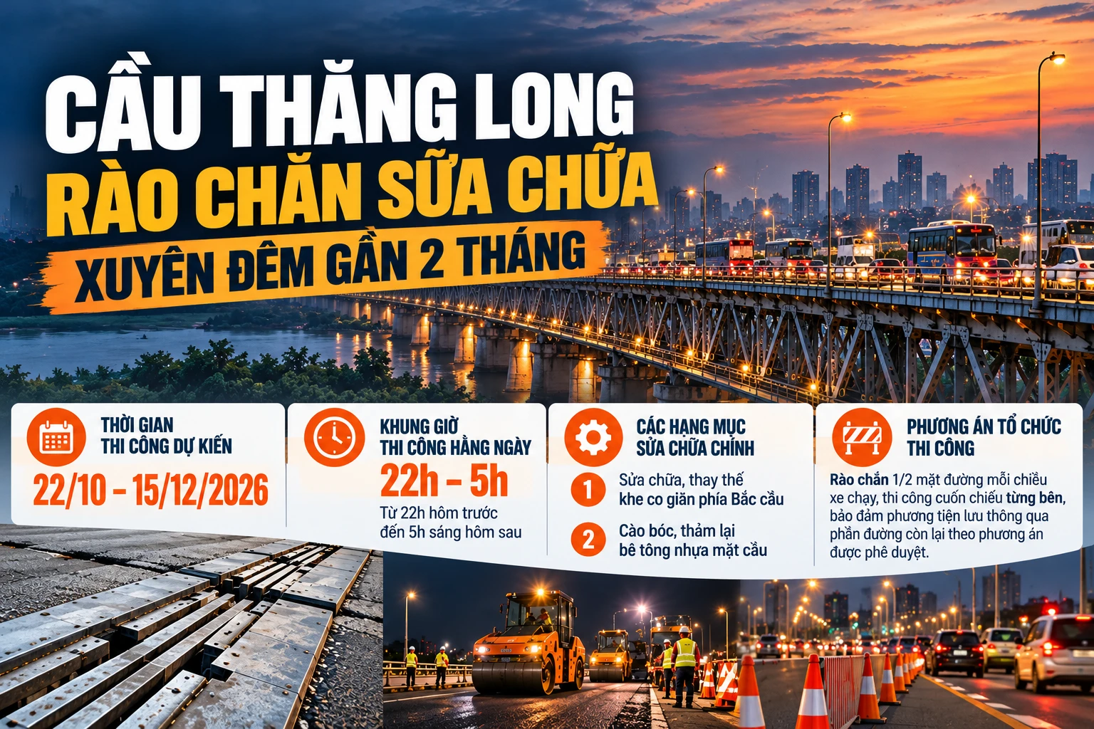 [INFOGRAPHIC] Cầu Thăng Long rào chắn sửa chữa xuyên đêm gần 2 tháng