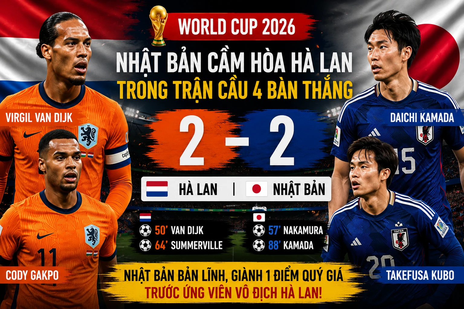 [INFOGRAPHIC] Nhật Bản hòa Hà Lan trong trận cầu hấp dẫn nhất World Cup 2026