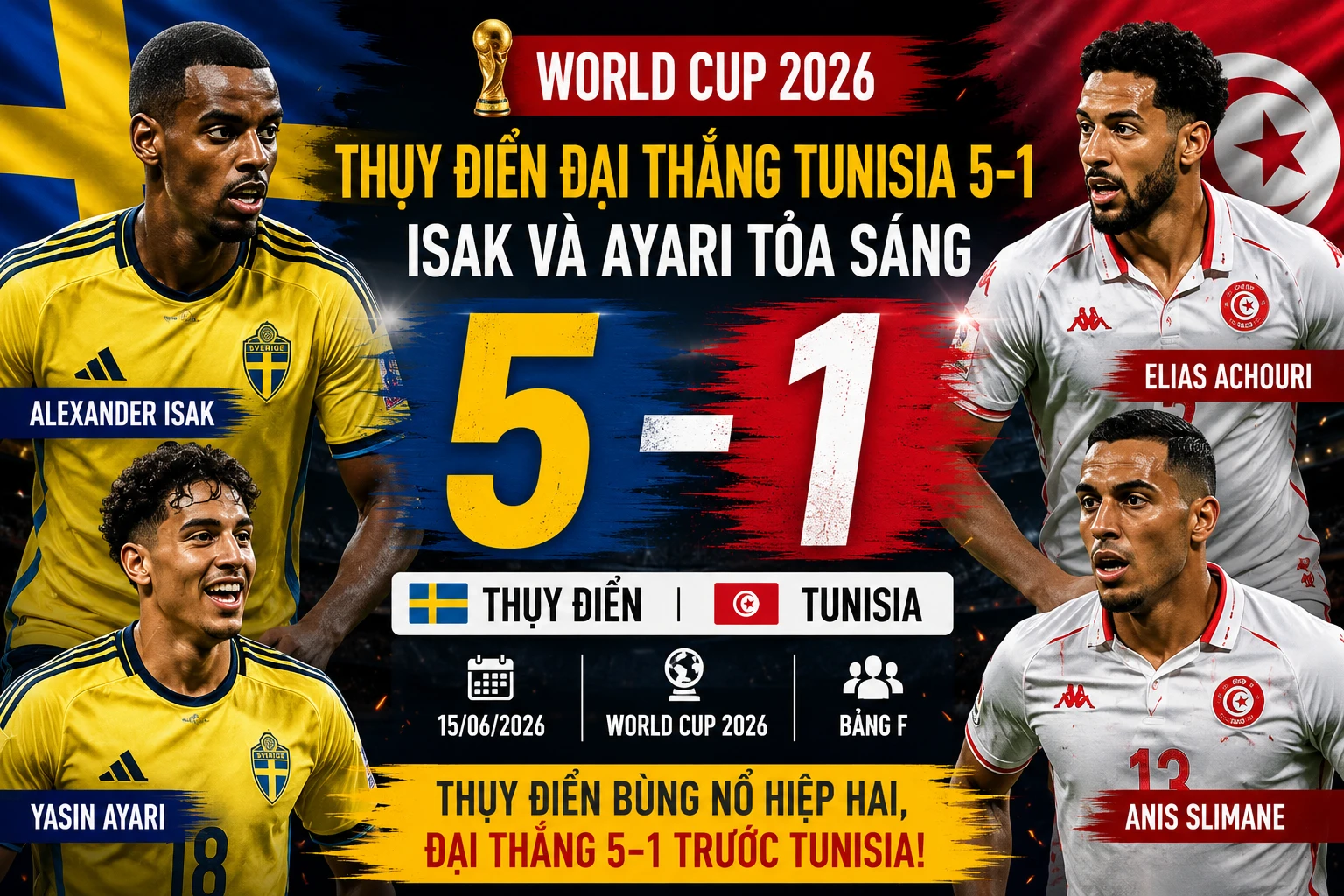 [INFOGRAPHIC] Thụy Điển đè bẹp Tunisia 5-1, Yasin Ayari lập cú đúp