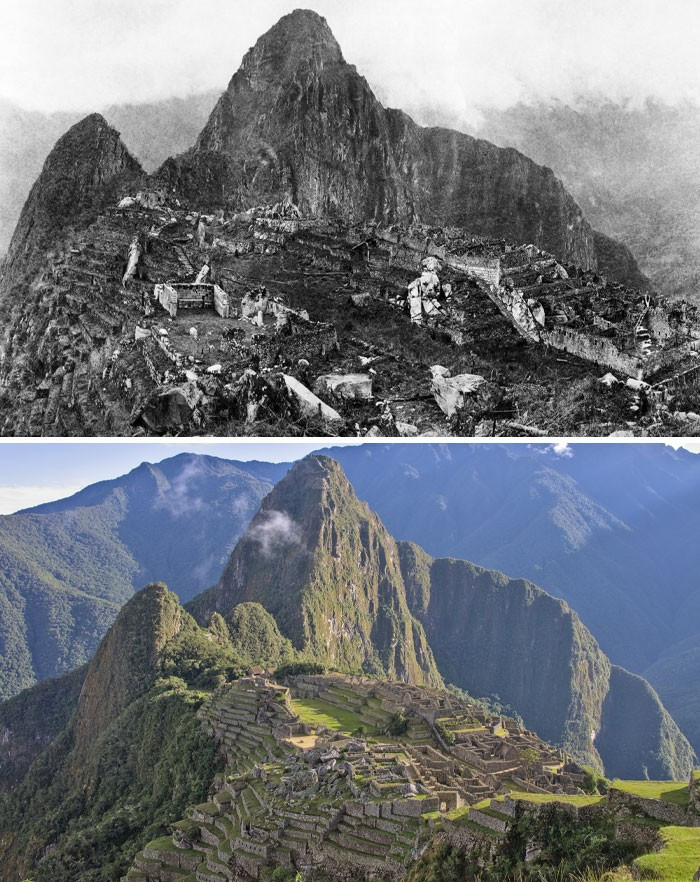 Machu Picchu, địa danh nổi tiếng ở Peru, năm 1912 (ảnh trên) so với năm 2023 (ảnh dưới).