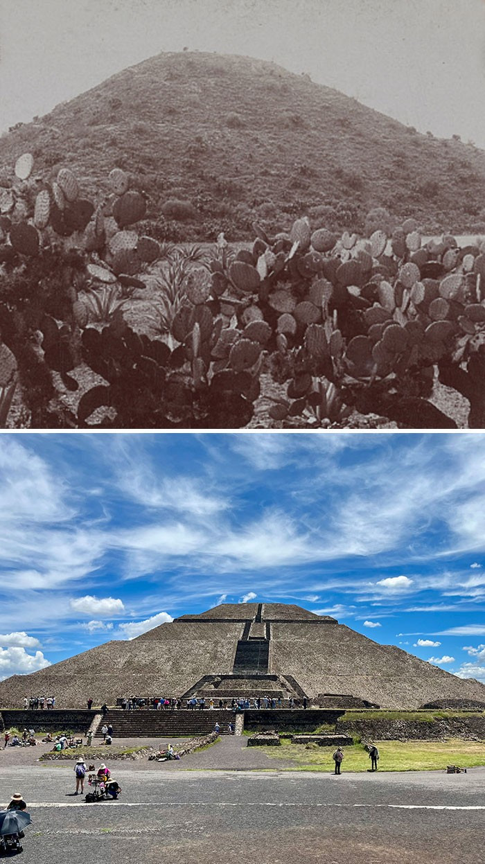 Kim tự tháp Mặt trời ở Teotihuacan, Mexico, năm 1900 (ảnh trên) so với năm 2023 (ảnh dưới). (Nguồn ảnh: Bored Panda)
