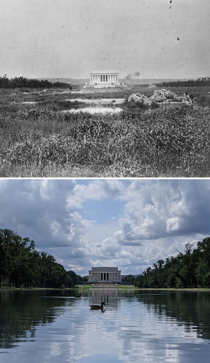 Khu Đài tưởng niệm Lincoln ở thủ đô Washington DC, Mỹ, năm 1917 (ảnh trên) cũng có sự thay đổi so với năm 2020 (ảnh dưới).