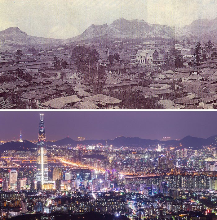 Seoul của Hàn Quốc năm 1900 (ảnh trên) khác xa so với vẻ hiện đại năm 2016 (ảnh dưới).