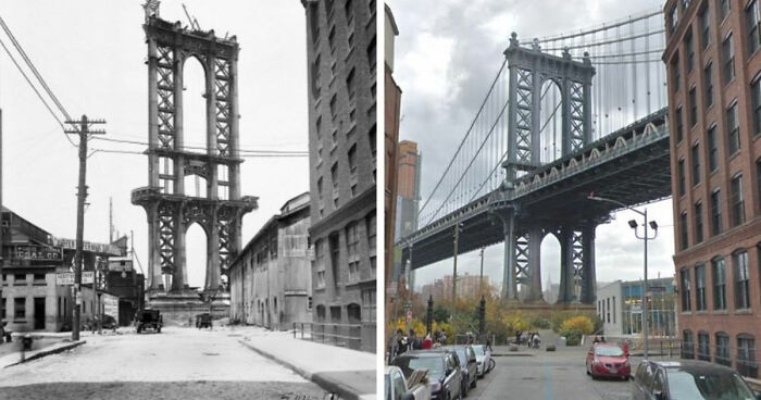 Cầu Manhattan chưa hoàn thành năm 1908 và hiện tại.