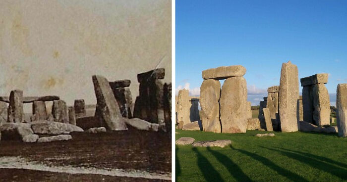 Bãi đá Stonehenge ở Anh năm 1877 (trái) và năm 2019.