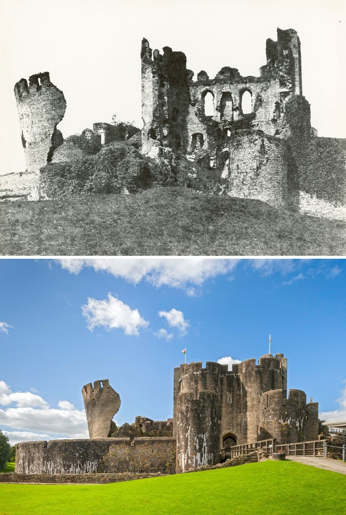 Lâu đài Caerphilly ở xứ Wales năm 2024 (ảnh dưới) vẫn mang nét cổ kính của năm 1855 (ảnh trên).