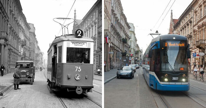 Thành phố Kraków, Ba Lan, năm 1939 (trái) và năm 2010.