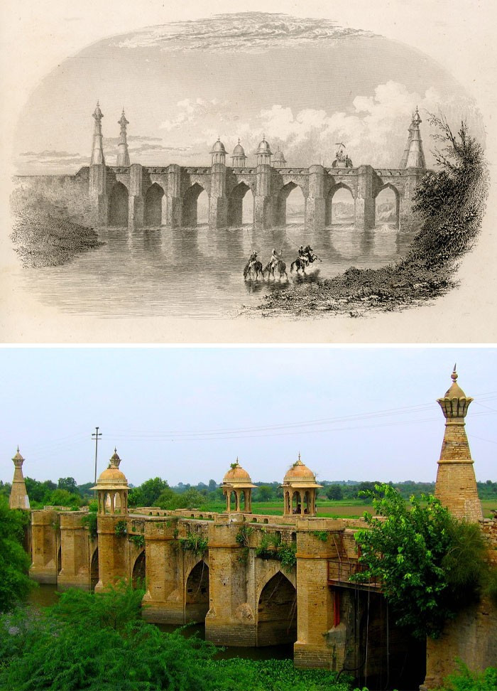 Cầu Noorabad ở Morena, Ấn Độ, năm 1829 (ảnh trên) so với năm 2010.