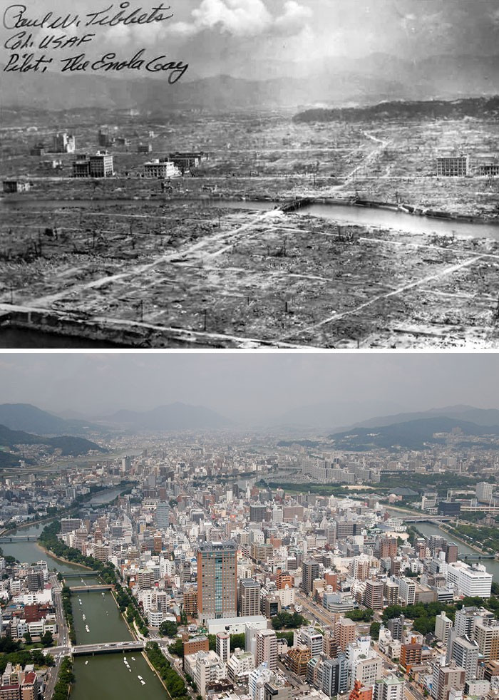 Thành phố Hiroshima của Nhật Bản năm 1945 (ảnh trên), trái ngược với vẻ hiện đại năm 2006 (ảnh dưới).