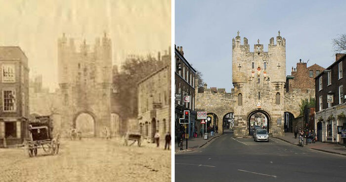 Cổng chính vào thành phố York, Anh, năm 1865 và 2015.