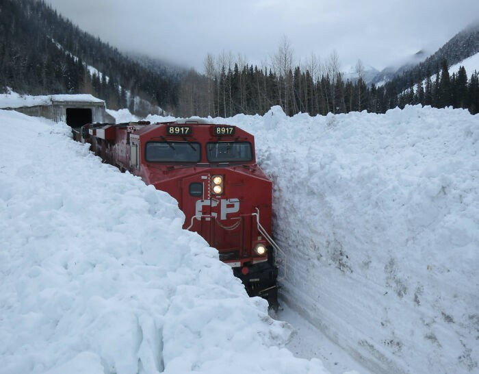 Đoàn tàu di chuyển qua tuyết ở Canada.