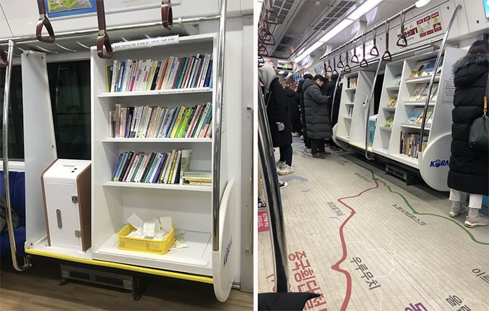 Một số toa tàu điện ngầm ở Seoul có thư viện nhỏ.