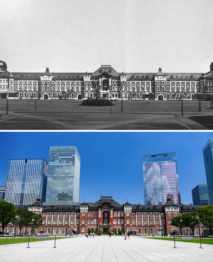 Ga Tokyo năm 1914 (ảnh trên) so với năm 2023 (ảnh dưới).