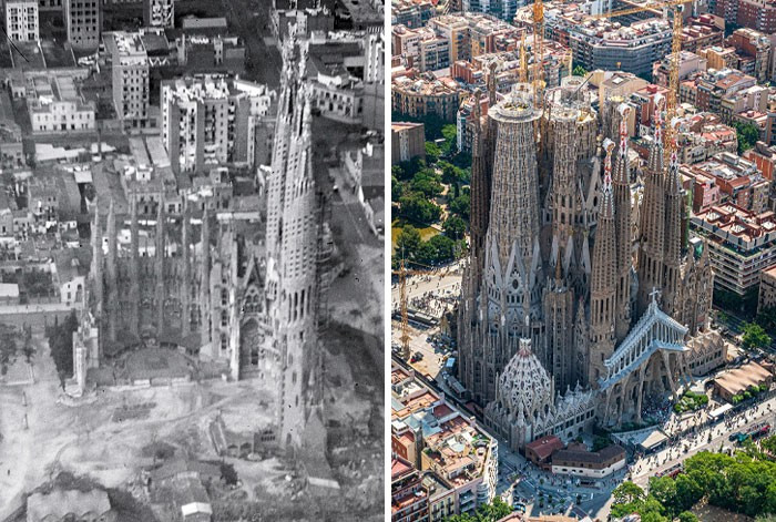 Vương cung thánh đường Sagrada Família ở Barcelona (Tây Ban Nha) năm 1930 (ảnh trái) và năm 2020 (ảnh phải).