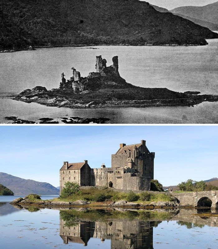 Lâu đài Eilean Donan chụp trước năm 1911 (ảnh trên) so với năm 2020 (ảnh dưới).