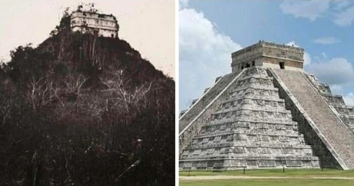 Địa điểm khảo cổ Chichen Itza (Mexico) năm 1892 (trái) và hiện tại.