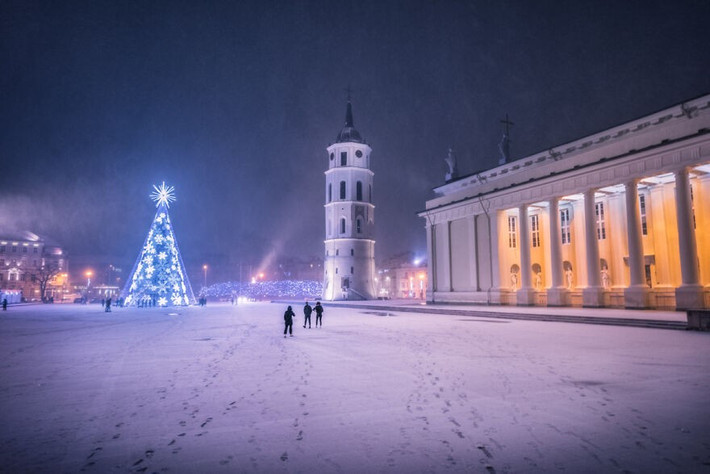 Khu vực quảng trường với cây thông Noel được thắp sáng.