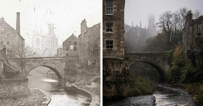 Hai bức ảnh chụp cùng một địa điểm tại Edinburgh, Scotland, nhưng cách nhau nhiều năm.