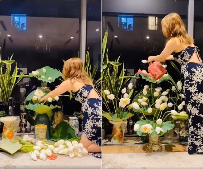 Còn nhớ, năm ngoái Phương Phạm cũng cắm cả một "vườn" sen trắng. Cô tỉ mỉ chuẩn bị từng cành hoa và rất nhiều bình đẹp đủ kiểu dáng.