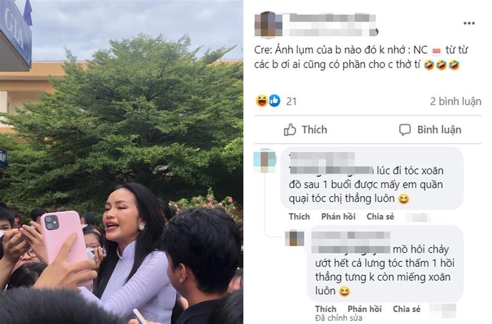 uy nhiên, Ngọc Châu ở cuối buổi lễ lại là một Ngọc Châu "lạ lắm". Có thể thấy phấn son của cô đã bị trôi đi ít nhiều, tóc tai bị duỗi hết. Người đẹp nhễ nhại mồ hôi và không còn ra dáng hoa hậu khi bị fan quay trộm.