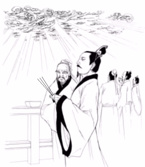 Thắp hương tế trời. Tranh minh họa.