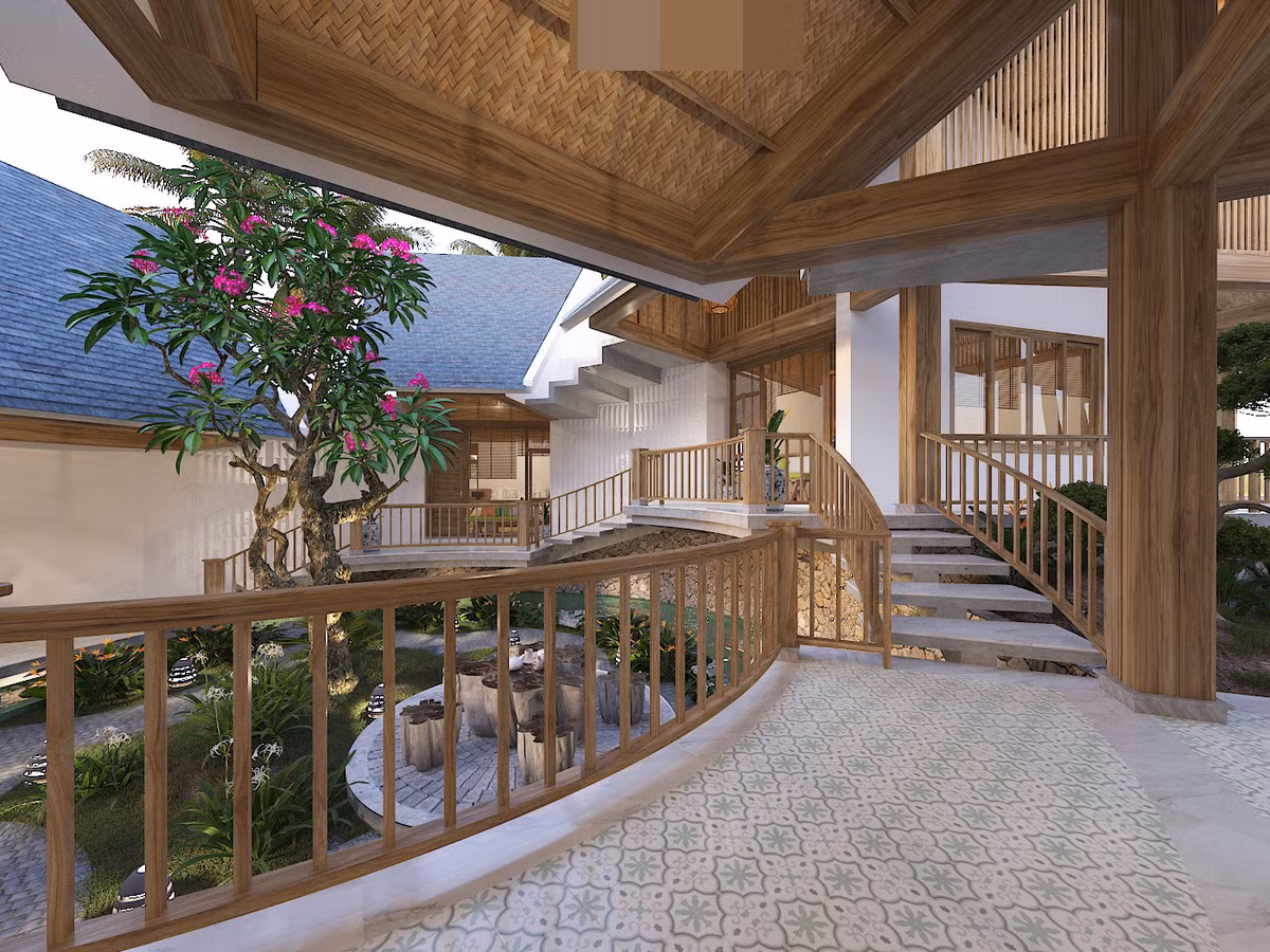 Công trình sử dụng nhiều vật liệu tự nhiên như cói, gỗ... Trần ốp bằng tấm cốt ép truyền thống nhưng được xử lý kỹ thuật để đảm bảo độ bền vững với thời gian.