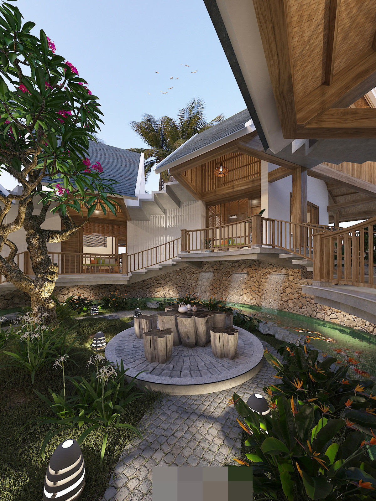 Góc ngồi uống trà ngoài sân, bao quanh là cây cối mát mẻ, thanh bình. Bên cạnh có hồ cá Koi uốn lượn.