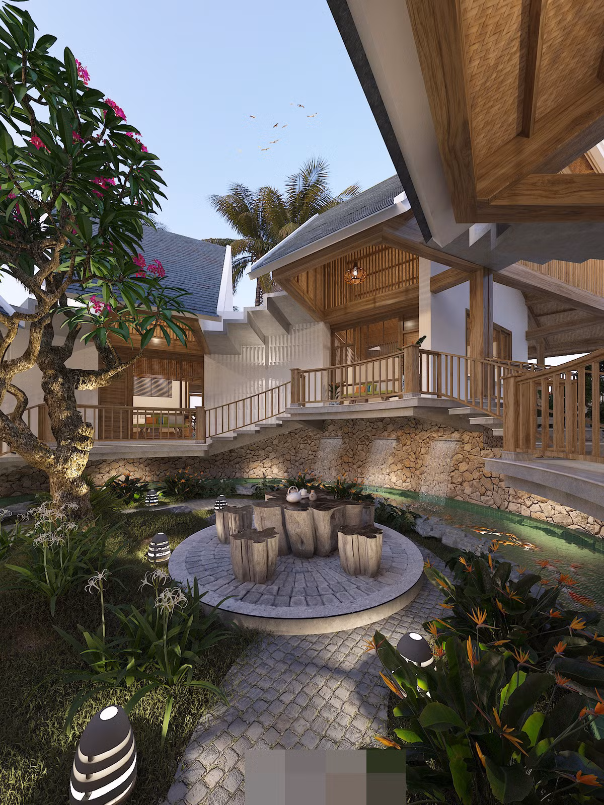 Góc ngồi uống trà ngoài sân, bao quanh là cây cối mát mẻ, thanh bình. Bên cạnh có hồ cá Koi uốn lượn.