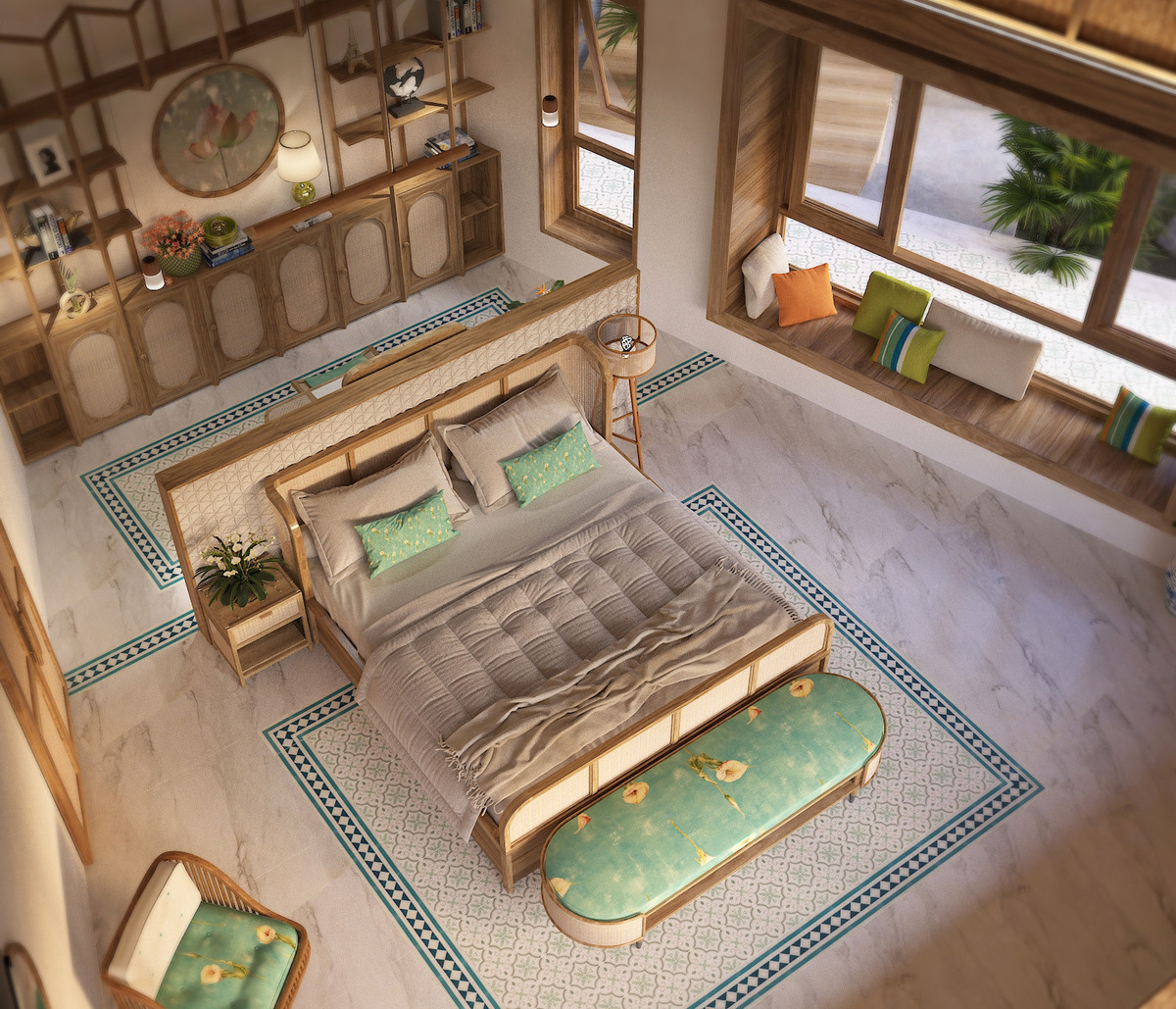 Không gian phòng ngủ thoáng đãng, mát dịu với gam màu xanh lá nhẹ nhàng. Một kiến trúc truyền thống nhưng đan xen đường nét hiện đại đã mang đến trải nghiệm thật mới mẻ cho gia chủ.