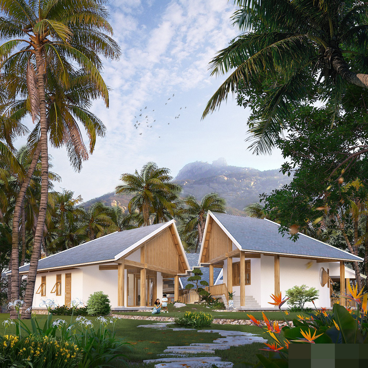 Công trình nhà vườn do kiến trúc sư Duy Lê cùng cộng sự thực hiện. Anh Duy Lê chia sẻ, xu hướng hiện nay, nhiều gia đình lựa chọn cho mình lối sống xanh với một công trình xanh. Những mảng xanh vẫn luôn rất “đắt giá” và nhiều người mong muốn sở hữu chúng nhưng để thực hiện được điều đó cần những yếu tố: Tiền bạc, hi sinh không gian sống để nhường cho gió trời, ánh sáng, thiết kế không gian mở…