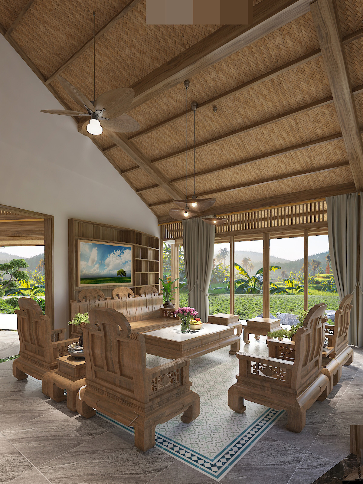 Phòng khách có view nhìn ra thảm cỏ xanh ngắt, khung cửa kính rộng mở. Nền nhà lát gạch bông và gạch vân đá tinh tế.