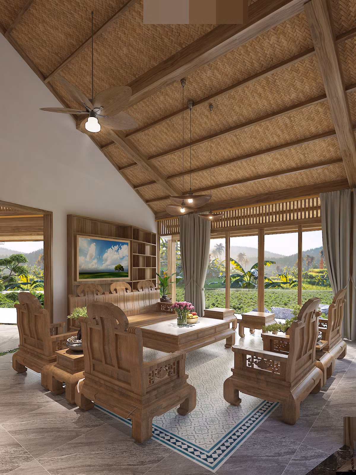 Phòng khách có view nhìn ra thảm cỏ xanh ngắt, khung cửa kính rộng mở. Nền nhà lát gạch bông và gạch vân đá tinh tế.