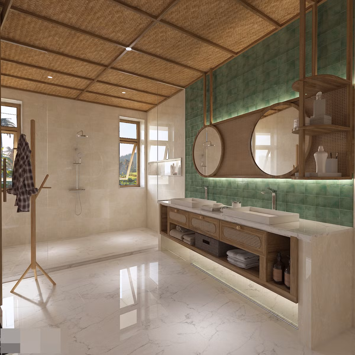 Phòng vệ sinh sang trọng. Bệ rửa xây gạch và lắp loại bồn bán âm. Phía dưới lắp tủ gỗ cất đồ gọn gàng, ngăn nắp. Khu tắm ướt rộng rãi, nhiều ánh sáng.