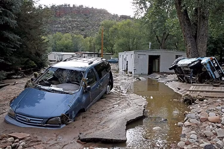 Nhiều xe ô tô bị ngập trong bùn hoặc bị lật ngược trong cơn lũ lụt.