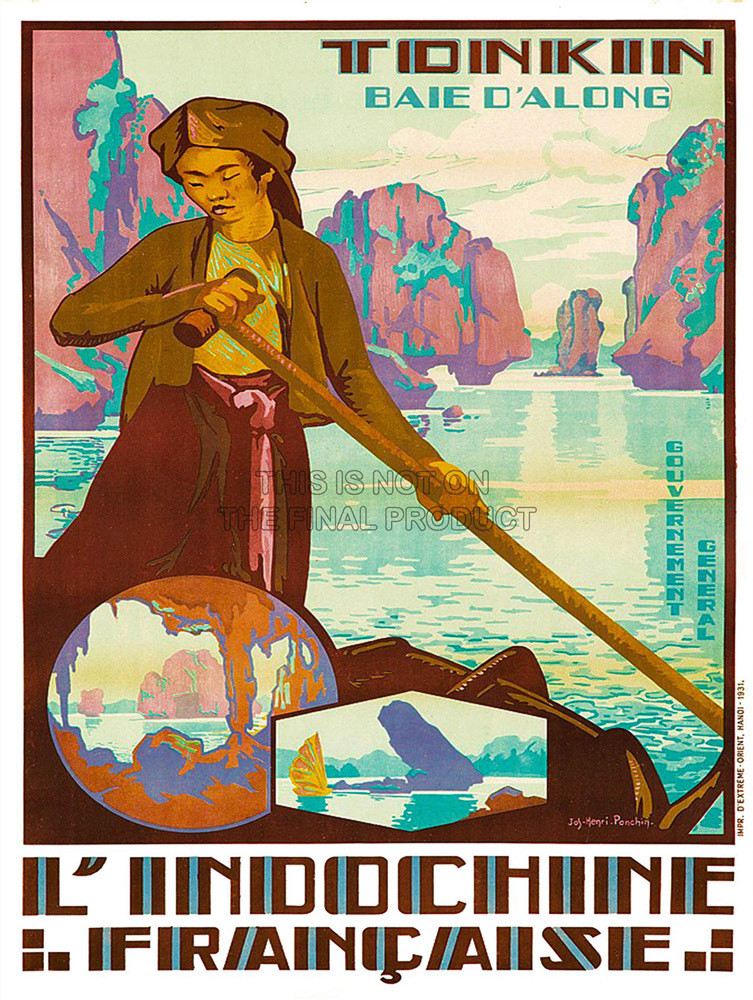 Poster về Vịnh Hạ Long với hình ảnh cô gái chèo thuyền trên cùng các hang động, đáo đá nổi tiếng ở nơi đây.