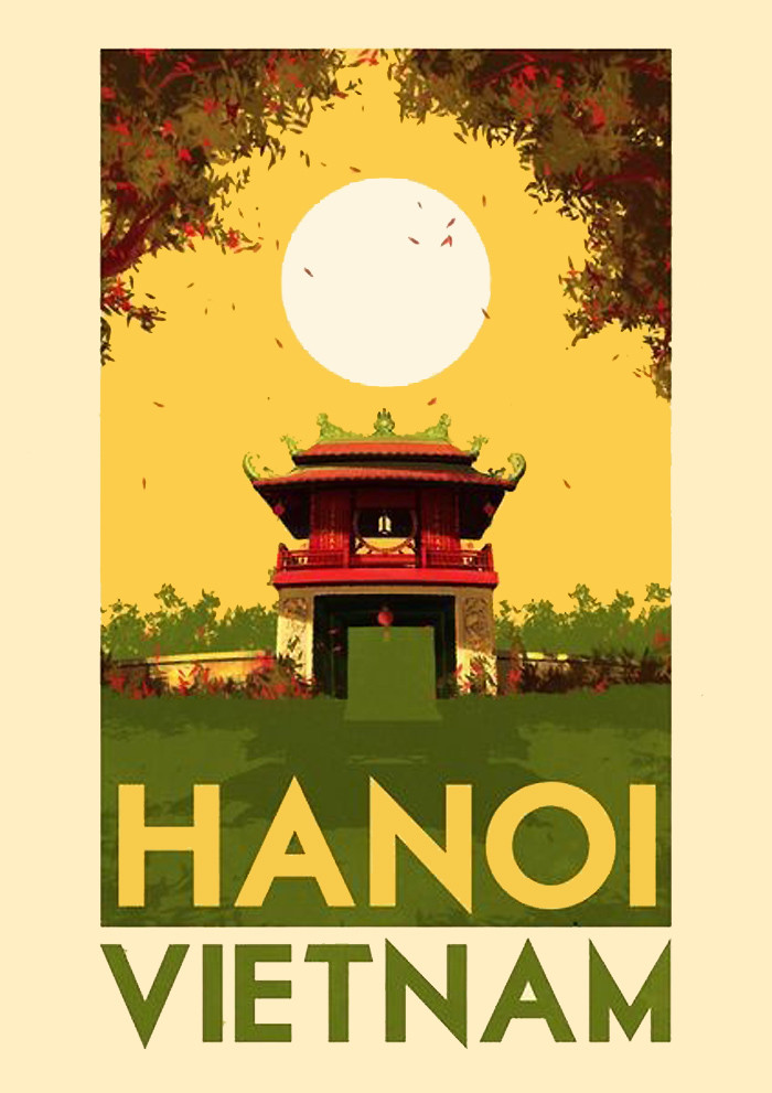 Poster quảng bá du lịch Hà Nội xưa với hình ảnh Văn Miếu - Quốc Tử Giám.