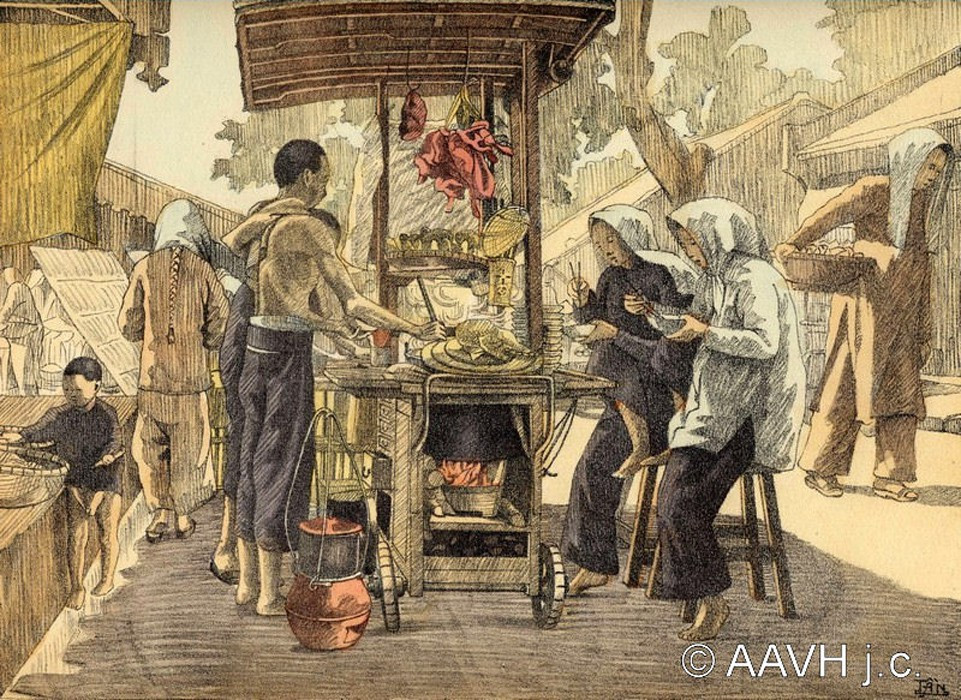 Xe hủ tiếu – mì trên phố. Ký họa của học viên Trường Mỹ nghệ Gia Định (nay là ĐH Mỹ thuật TP HCM) đầu thế kỷ 20.