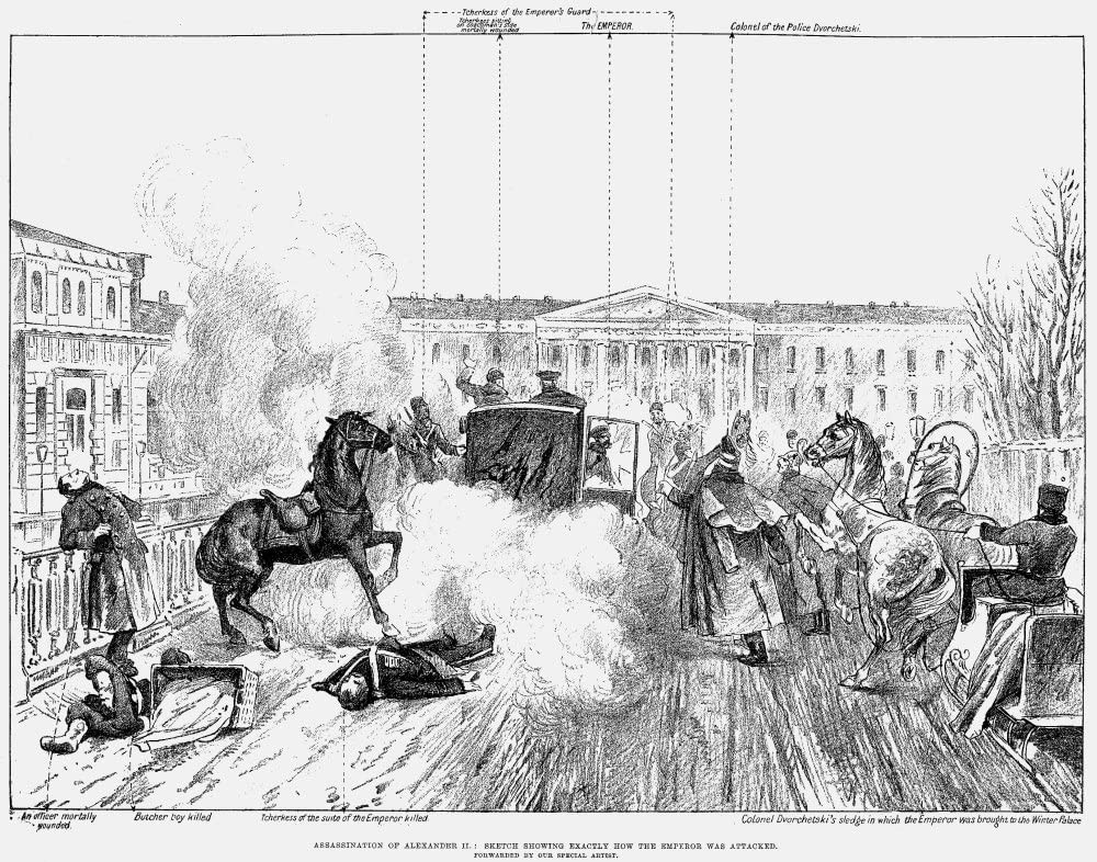 Grinevitsky đã gài một quả bom ngoài Cung điện Mùa đông ở St Petersburg nhằm ám sát Sa hoàng Alexander II. Vụ việc đã khiến cả kẻ đánh bom lẫn người cai trị nước Nga thời điểm đó thiệt mạng.