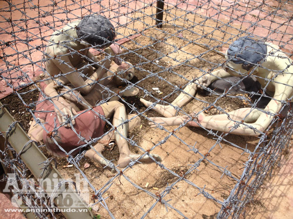 Những đêm lạnh cóng, chúng cho dội nước lên người tù binh mà chúng gọi là “giải khát cho cọp” hoặc “rửa chuồng”. Những ngày nóng nực, chúng cho dội nước muối lên người, và gọi là ướp cho mau lên cân, có khi chúng cho đốt lửa cạnh chuồng cọp. Tù binh bị nhốt trong chuồng cọp vài ngày là toàn thân bị lột da. Nhiều người bị nhốt lâu ngày, da non mọc lên rồi lại bị cháy, bị lột nhiều lần. Nhiều người chịu đựng không nổi với cái nóng, cái lạnh, đói khát nên đã chết ngay tại chuồng cọp này. Ảnh: Nhiều tù binh đã chết vì bị phơi nắng trong "chuồng cọp" giữa trời như thế này.