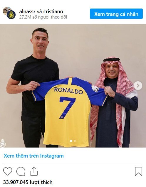  7. Cristiano Ronaldo: Bức ảnh Ronaldo gia nhâp Al Nassr FC hiện đang đứng thứ 7 trên Instagram về lượt thích. Đây là một thông tin mang tính bất ngờ lớn với rất nhiều người khi siêu sao Bồ Đào Nha gia nhập một clb Ả Rập Xê Út 