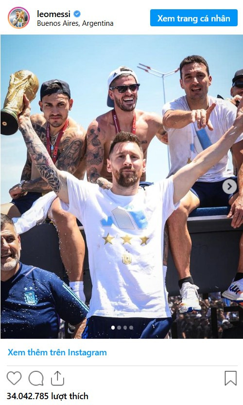  6. Leo Messi: Bức ảnh Messi ăn mừng chức vô địch World Cup tại quê nhà Argentina là bài đăng được yêu thích nhiều thứ 6 trên Instagram. 