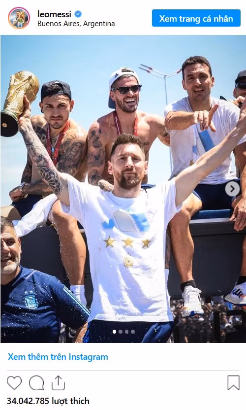  6. Leo Messi: Bức ảnh Messi ăn mừng chức vô địch World Cup tại quê nhà Argentina là bài đăng được yêu thích nhiều thứ 6 trên Instagram. 
