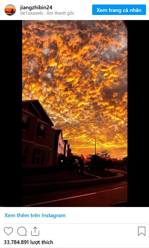  8. Nhiếp ảnh gia "jiangzhibin24": Đoạn video ghi lại khung cảnh hoàng hôn như bốc cháy, đẹp đến siêu thực từ tài khoản "jiangzibin24". Đây là bài đăng có lượt yêu thích cao thứ 8 trên Instagram với hơn 33 triệu like và nhiều người cho rằng chủ nhân của tài khoản này là một nhiếp ảnh gia. 