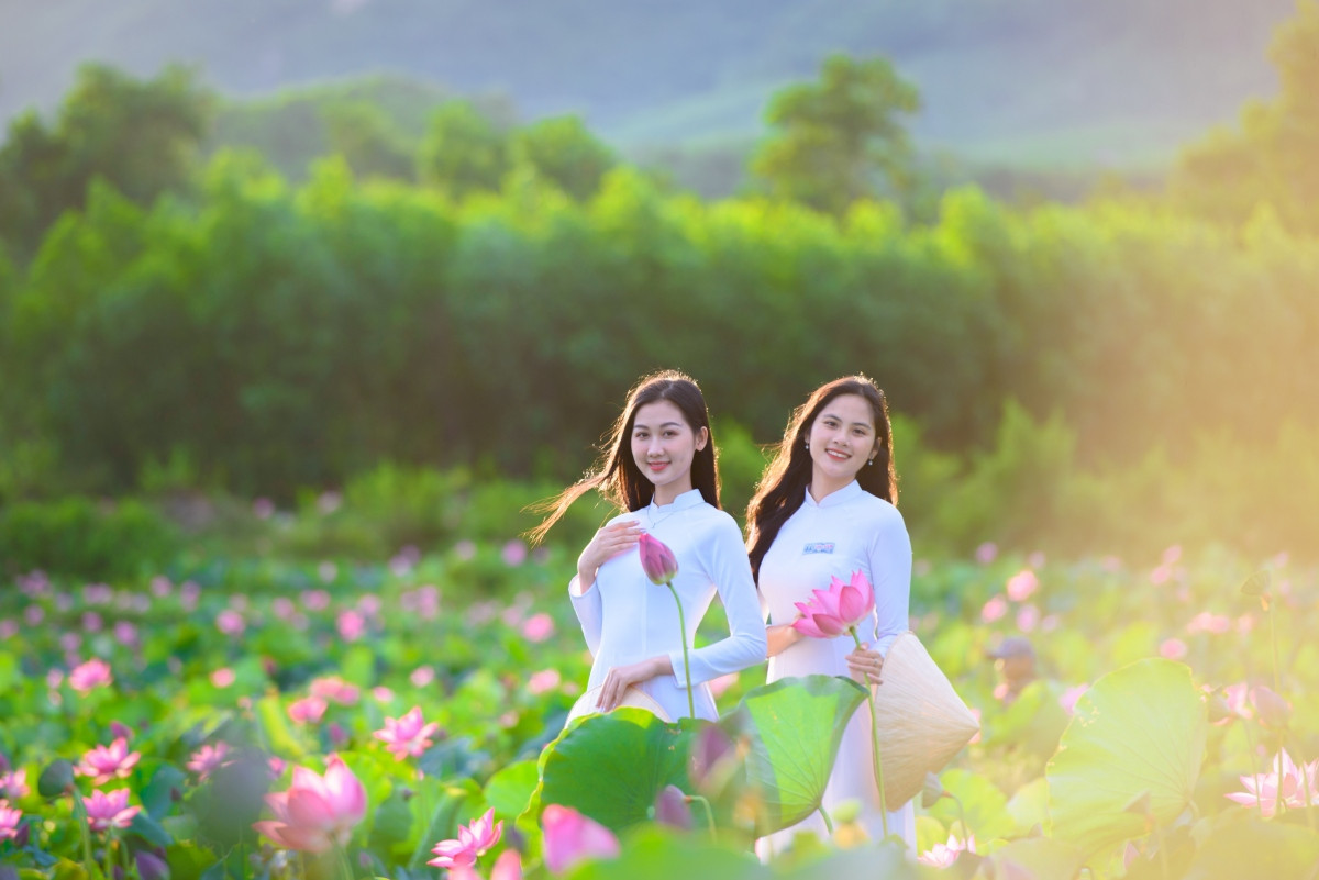 Các bạn trẻ hào hứng ghi lại hình ảnh đẹp bên cánh đồng sen.