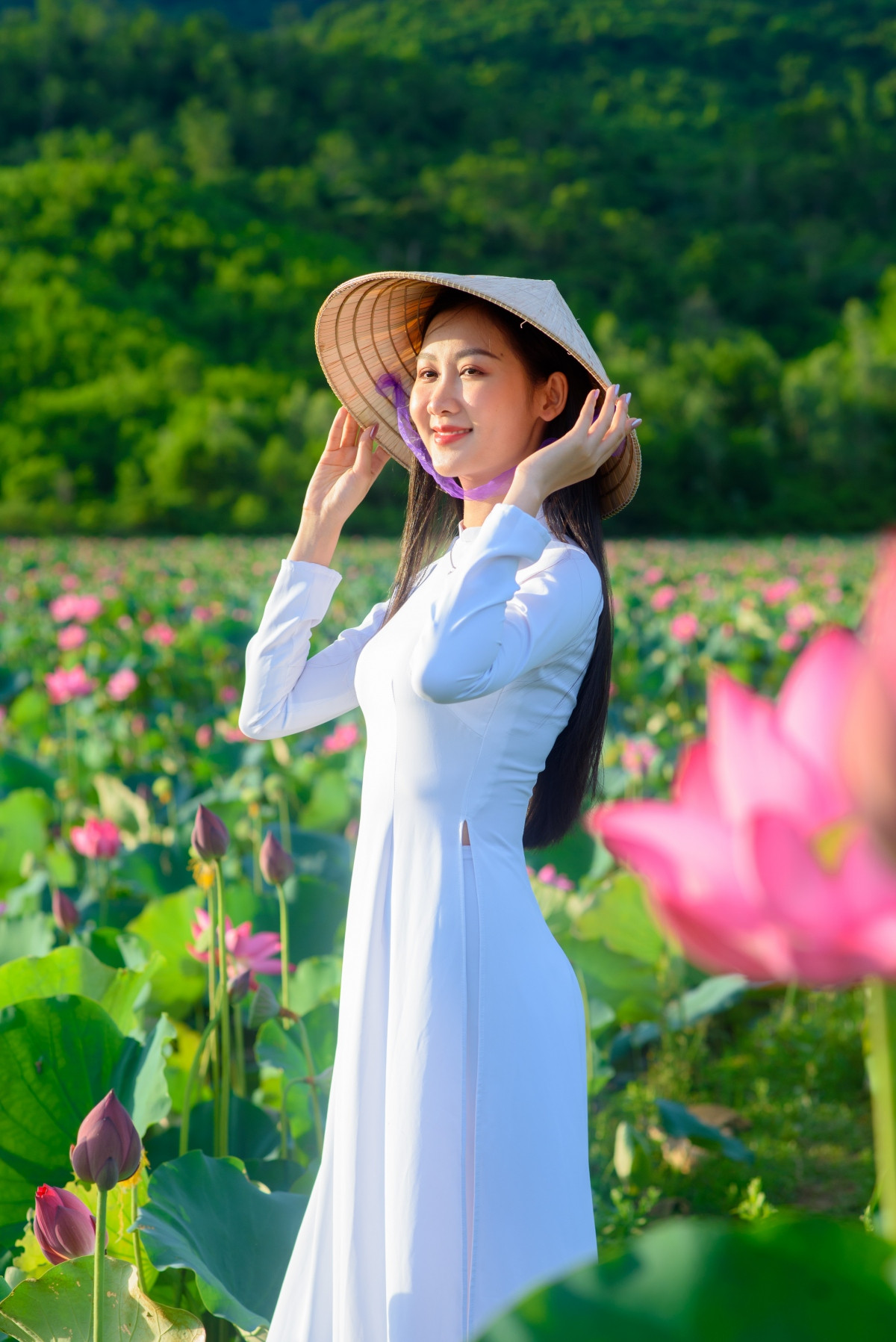 Sắc sen thường gắn liền với tà áo dài trắng, chiếc nón lá.