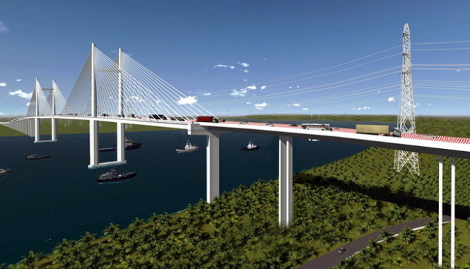 br/> Cầu Phước Khánh cùng với cầu Bình Khánh sẽ là hai cây cầu dây văng có tĩnh không lưu thông thuyền cao nhất Việt Nam (55 m). Hai cây cầu đang xây dựng thuộc dự án cao tốc Bến Lức - Long Thành. Ảnh: Quỳnh Danh.